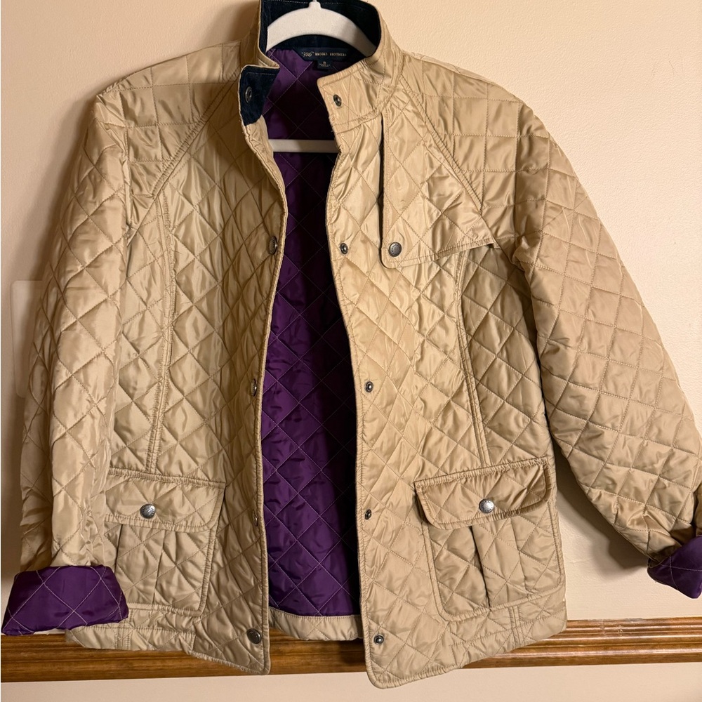 Brooks Brothers Tan Quilted Jacket with Purple Lining